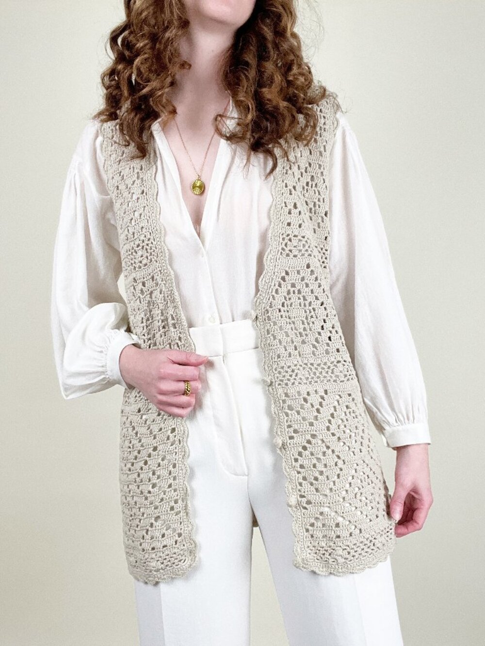 Vintage 100% Cotton Crochet Open Knit Boho Long Sweater Vest Cardigan Bohemian